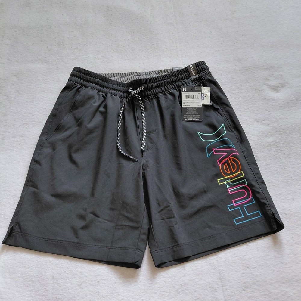 Hurley Swim Trunks Mens Black Rainbow Logo Small Board Shorts Stretch Surf NWT